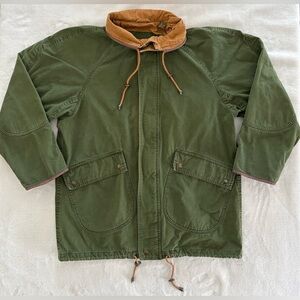 Vintage 90s Timberland WeatherGear Olive Green Barn Jacket 100% Cotton & Leather